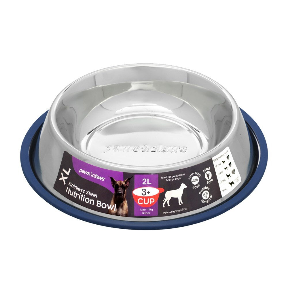 2x Paws & Claws Anti-Skid 2L Stainless Steel Pet Bowl - Blue