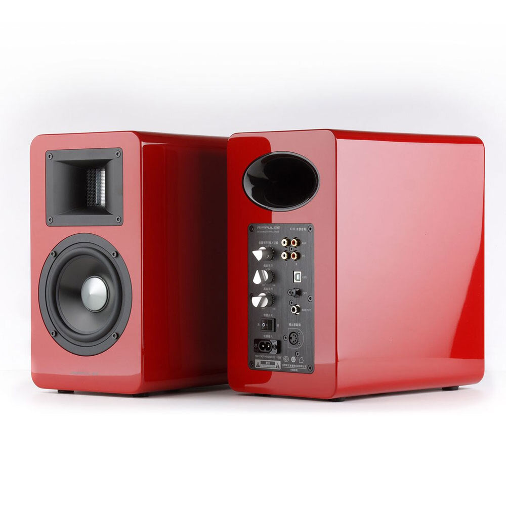 Airpulse A100 Active Wireless Bookshelf Speakers and WiiM Mini Red