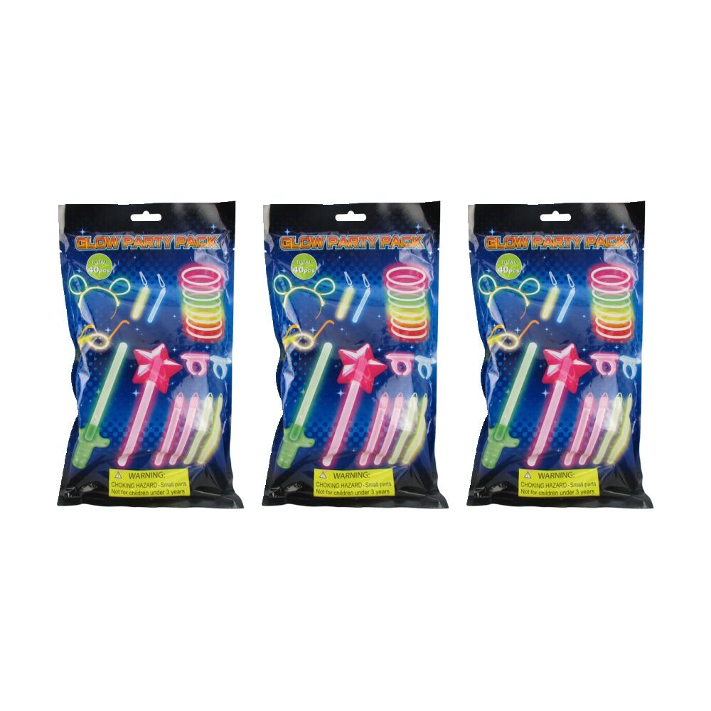 3x 40pc ABT Glow Sticks Party Supplies Accessories Set Multicoloured