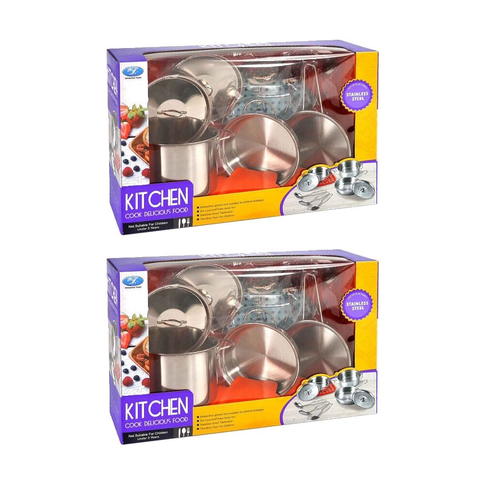 2x 9pc ABT Childrens Pretend Kitchen Cook Stainless Steel Set 3Y+