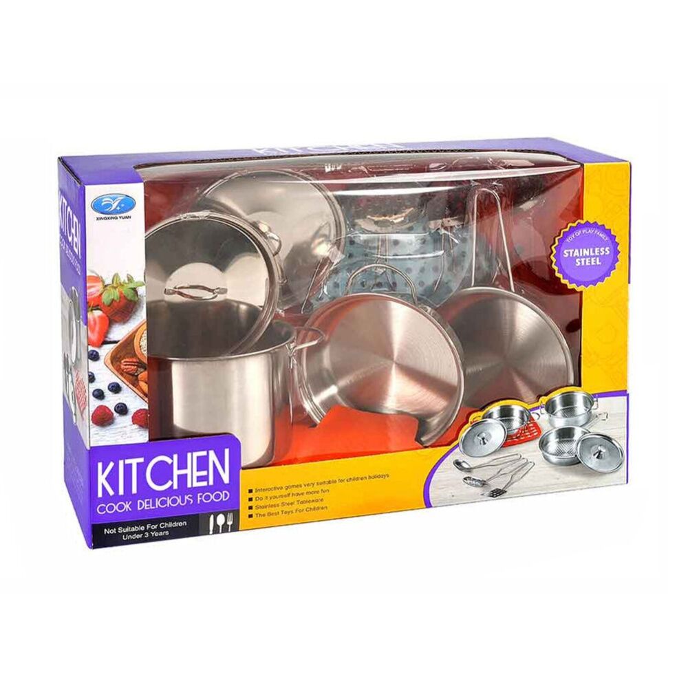 9pc ABT Childrens Pretend Kitchen Cook Stainless Steel Set 3Y+