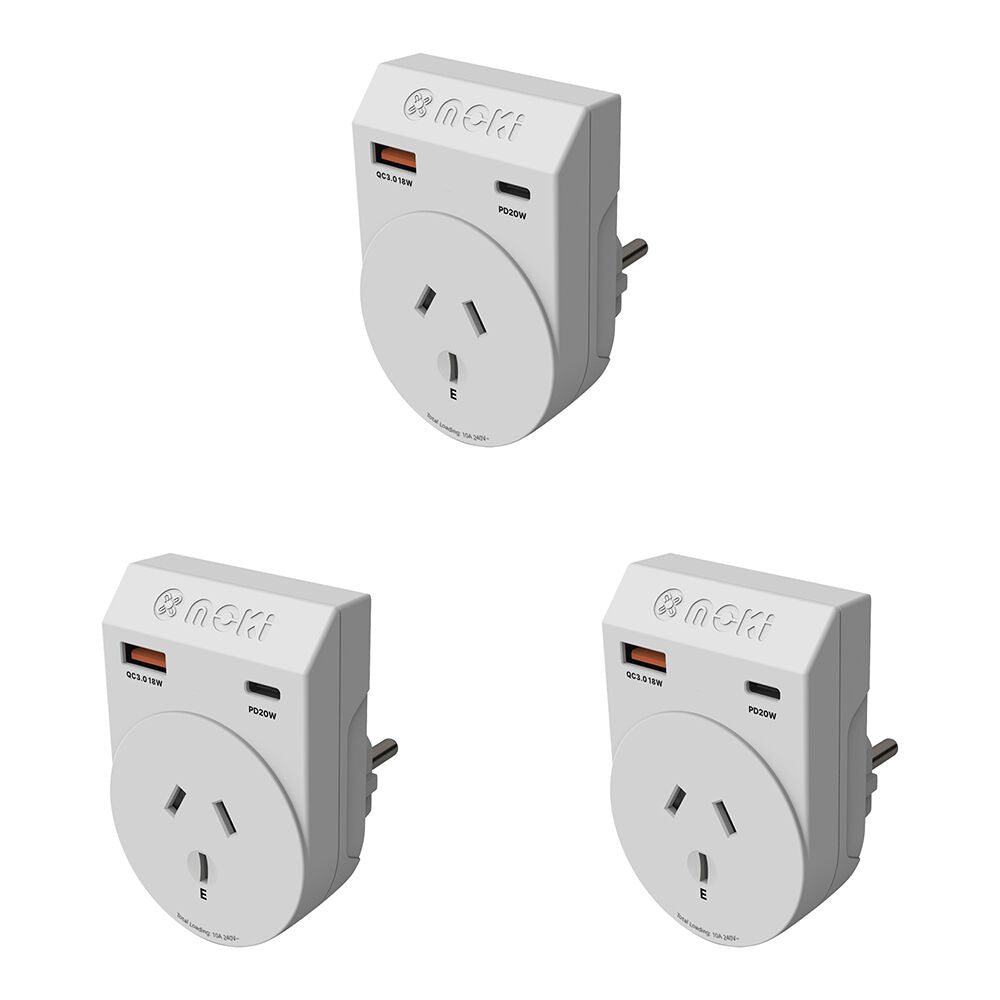 3PK Moki Travel Adaptor Plus Outbound AUS/NZ to EU with Type-C & USB-A