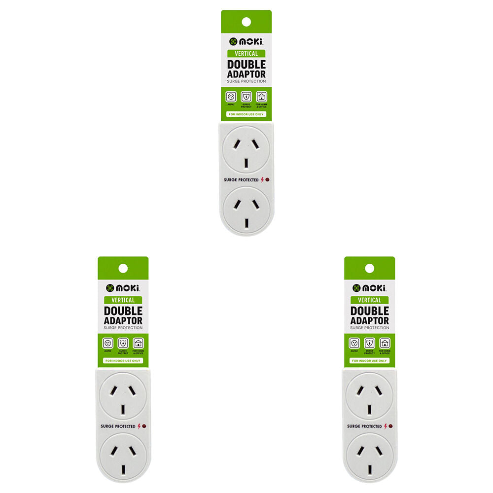 3PK Moki Vertical Double Power Adaptor w/ Surge Protection - White