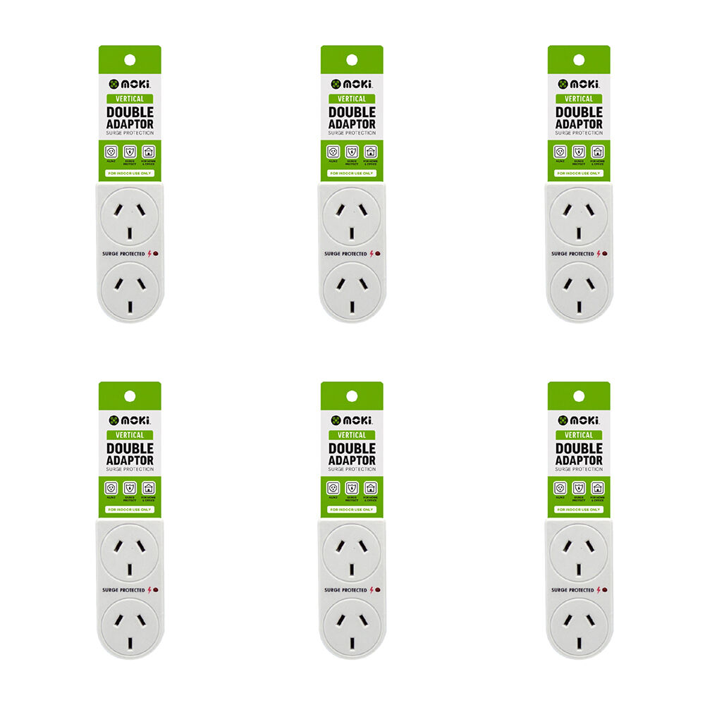 6PK Moki Vertical Double Power Adaptor w/ Surge Protection - White