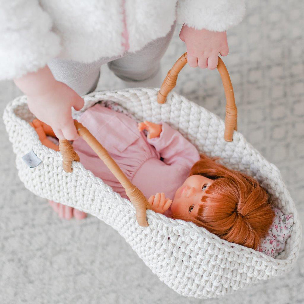 By Astrup Knitted Basket & Bedding Set For 38cm Miniland Doll 2y+