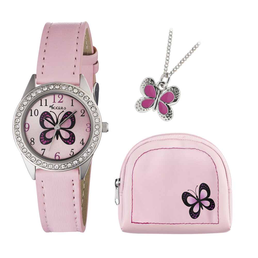 Tikkers Butterfly Dial Watch Bezel, Strap, Purse & Necklace Gift Set - Pink
