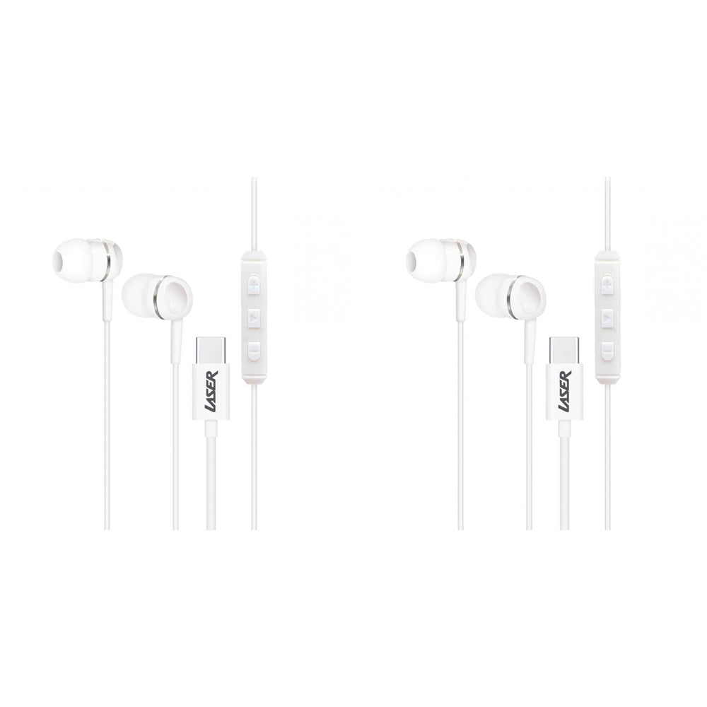 2PK Laser USB-C Silicone Tip Earphones 1.2m w/ Microphone - White
