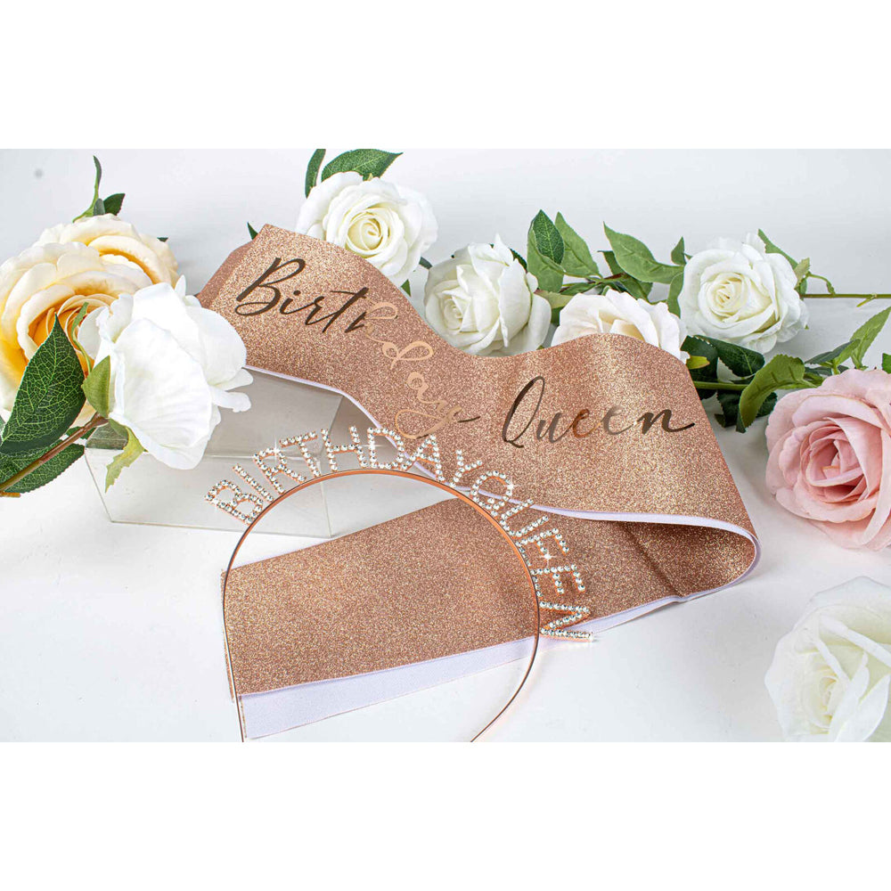 Birthday Queen Party Gift Satin Sash Rose Gold w/ RoseGold Text