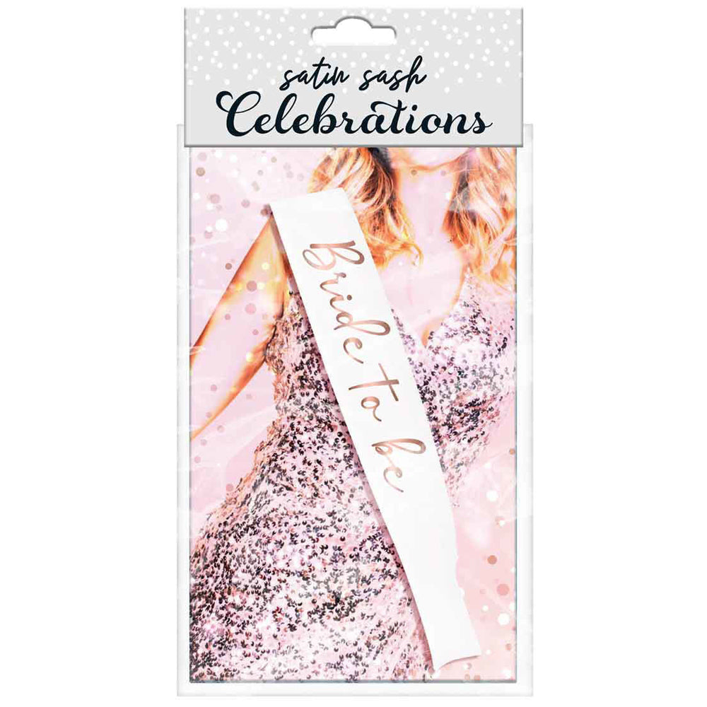Bride To Be Party Gift Sash White w/ Rose Gold Text