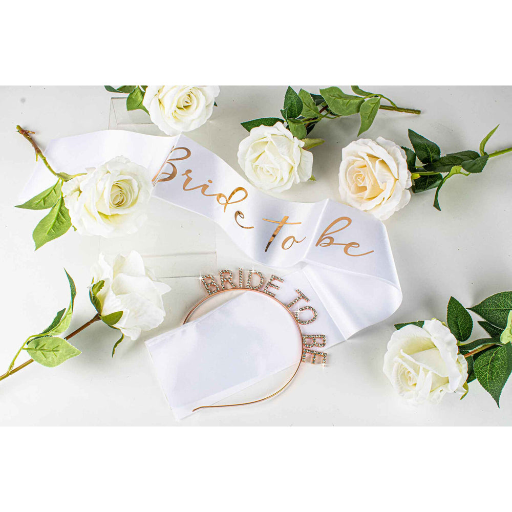 Bride To Be Party Gift Sash White w/ Rose Gold Text
