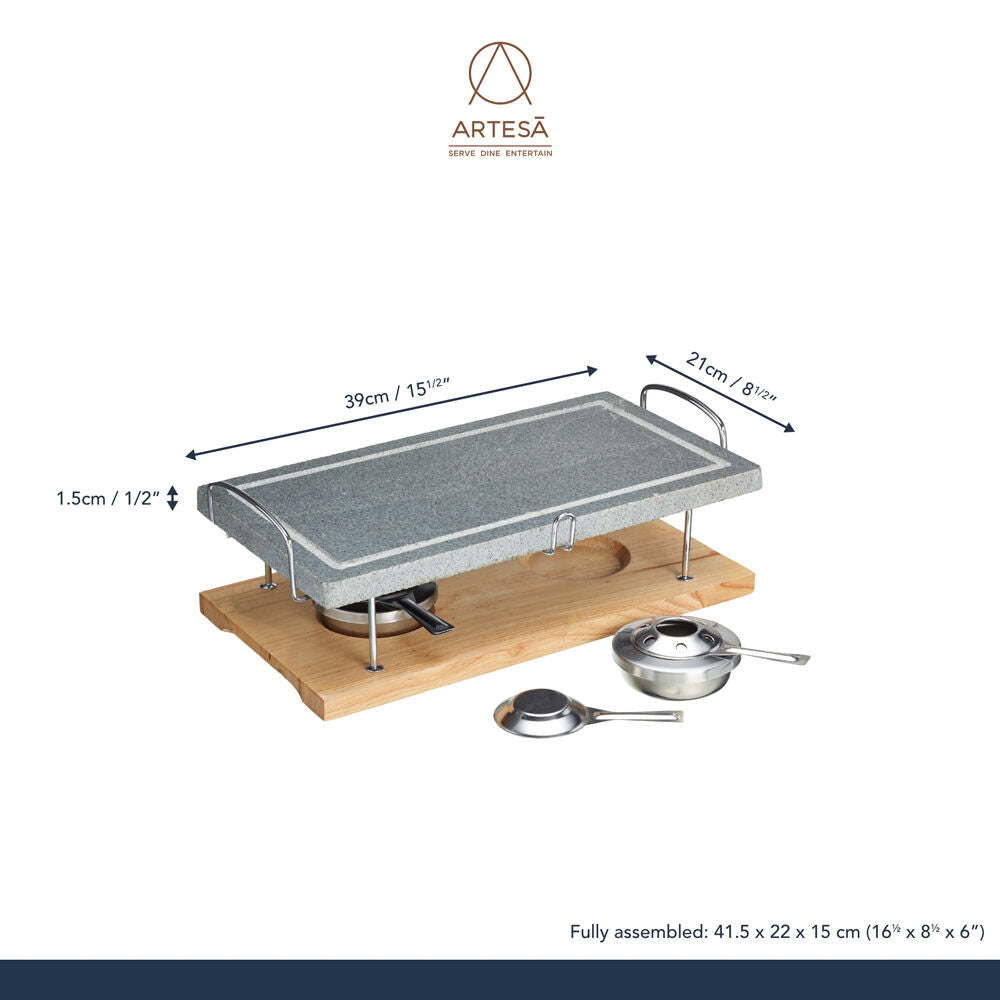 Artesa Natural Marble Hot Stone Grill w/Wooden Base & Burners Meat Fish Veg
