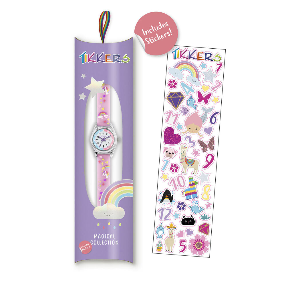 Tikkers Time Teacher Dial Strap Watch with Unicorn & 3D Stickers - Pink
