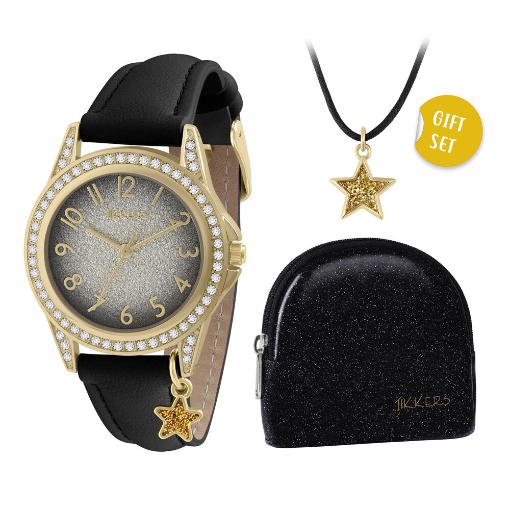 Tikkers Black Star Watch with Straps, Necklace & Purse Gift Set - Black
