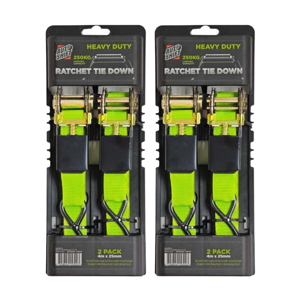 2x 2PK AutoShift Heavy Duty Ratchet Tie Down 250kg Capacity w/Auto-Lock 4m Lime