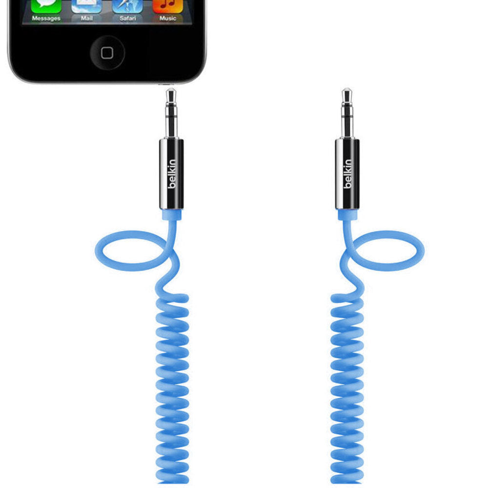 Belkin 1.8m Coiled Stereo Aux Cable Audio Male to Male 3.5mm - Blue