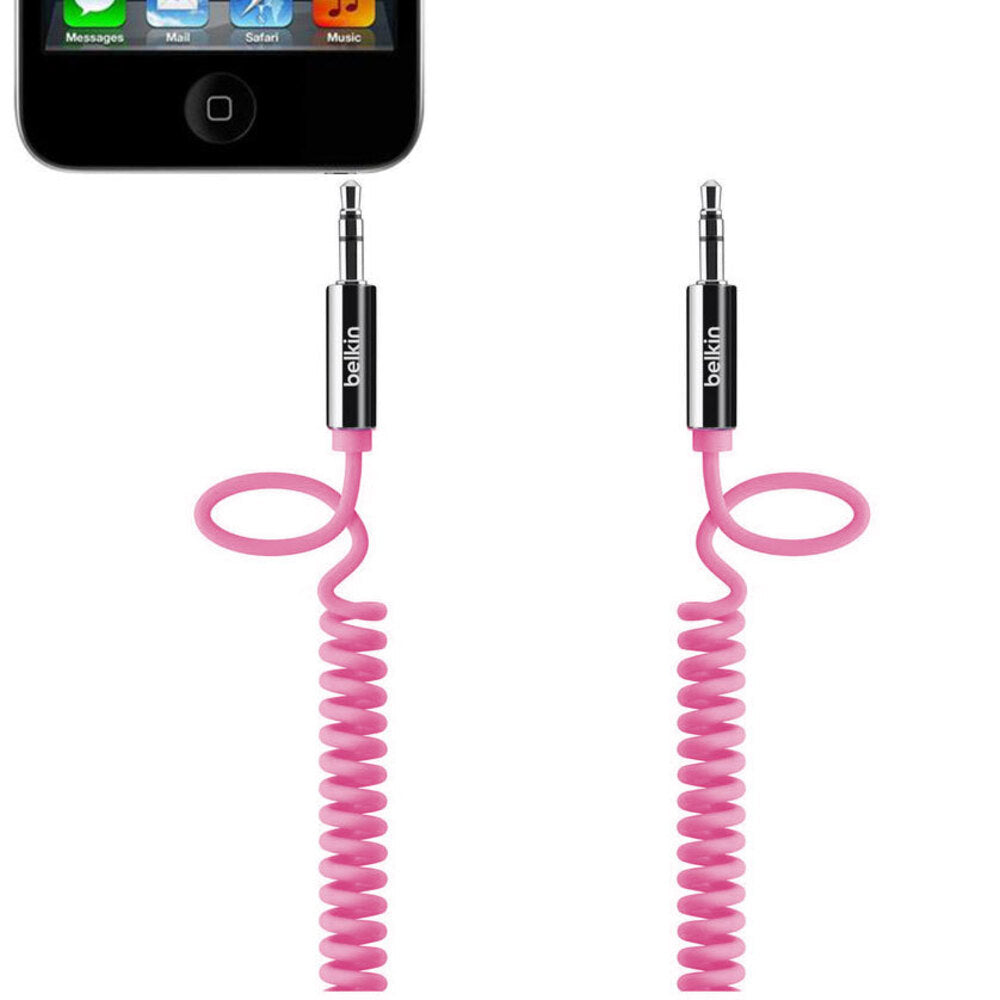 Belkin 1.8m Coiled Stereo Aux Cable Audio Male to Male 3.5mm - Pink
