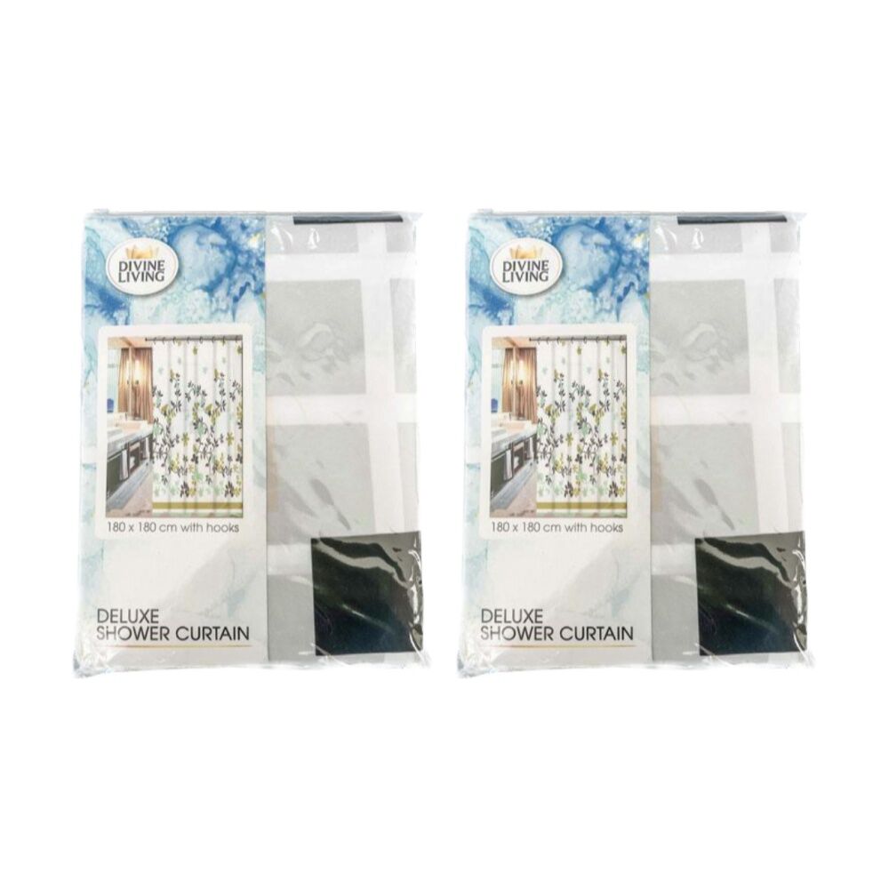 2PK Divine Living Deluxe Shower Curtain w/ Hooks 90gsm 180x180cm Assorted