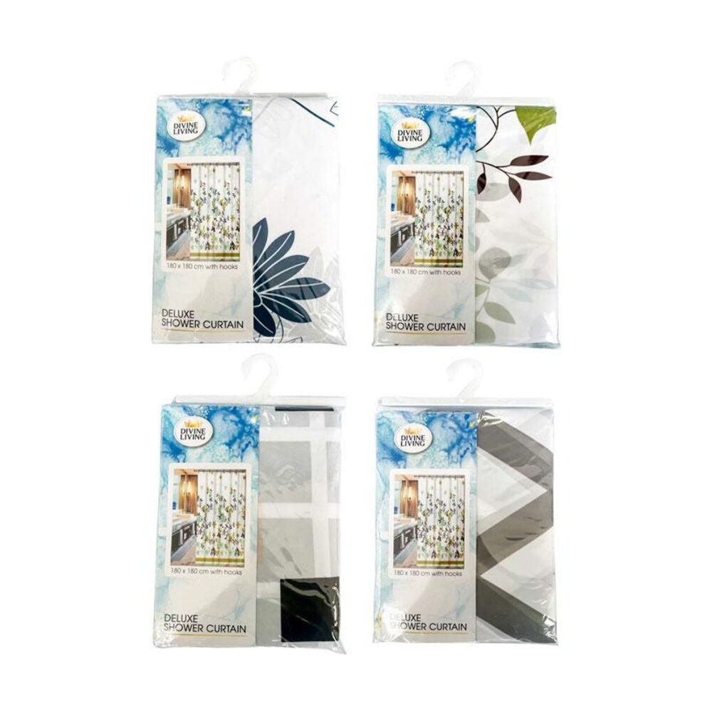 Divine Living Deluxe Shower Curtain w/ Hooks 90gsm 180x180cm Assorted