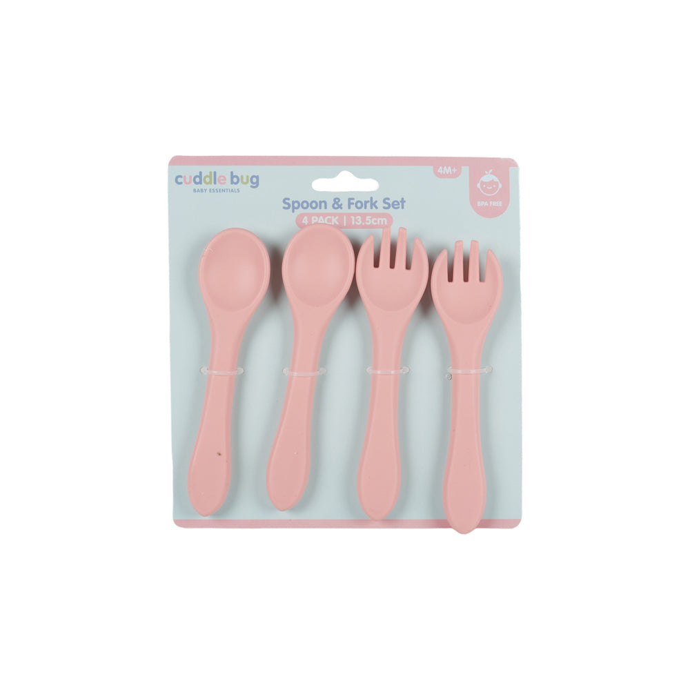 4x 4pc Cuddle Bug Baby Feeding Silicone Spoon Fork Set Pink/Blue 13.5cm Assorted