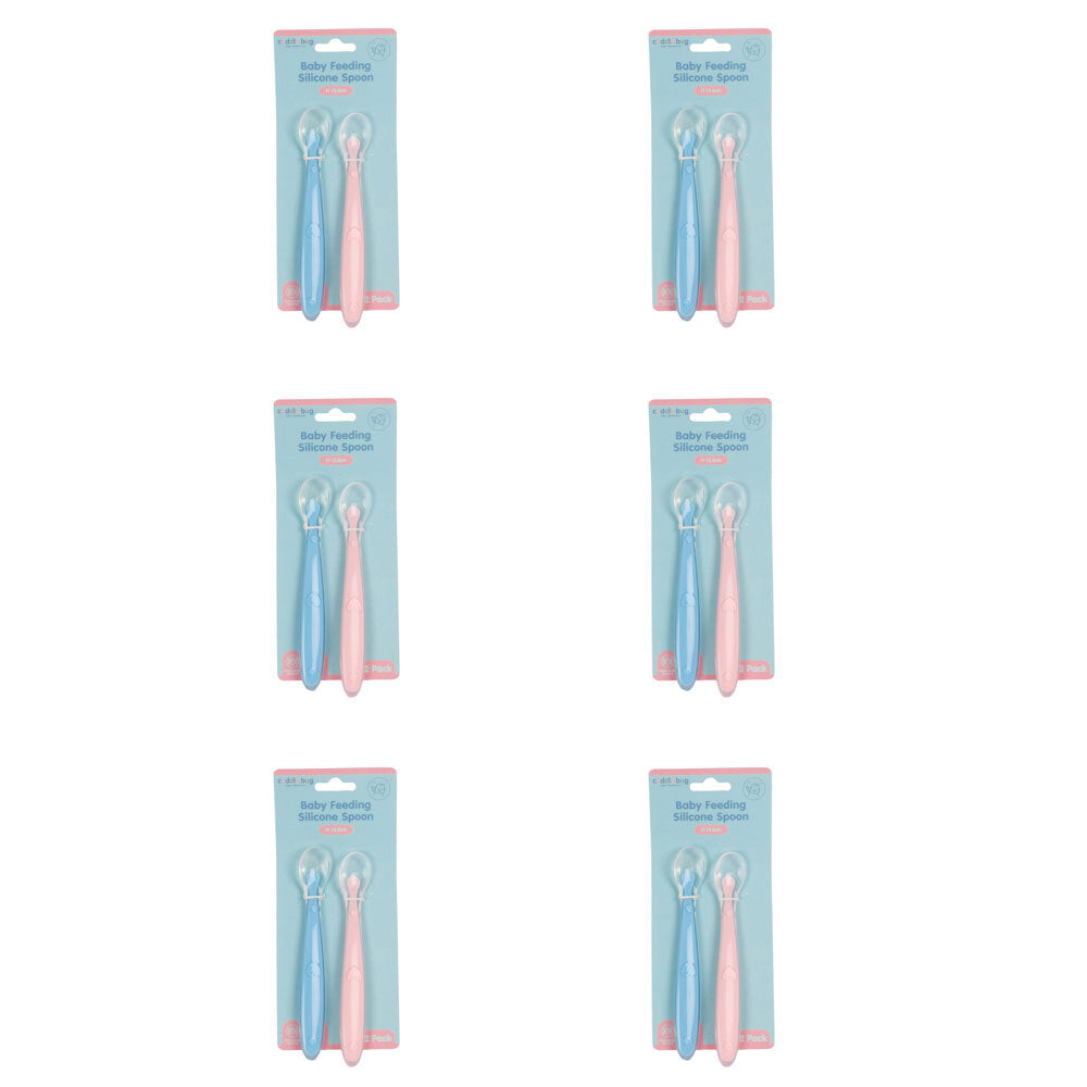 6x 2pc Cuddle Bug Baby Feeding Silicone Spoon 2 Pink/Blue 15.5cm Assorted
