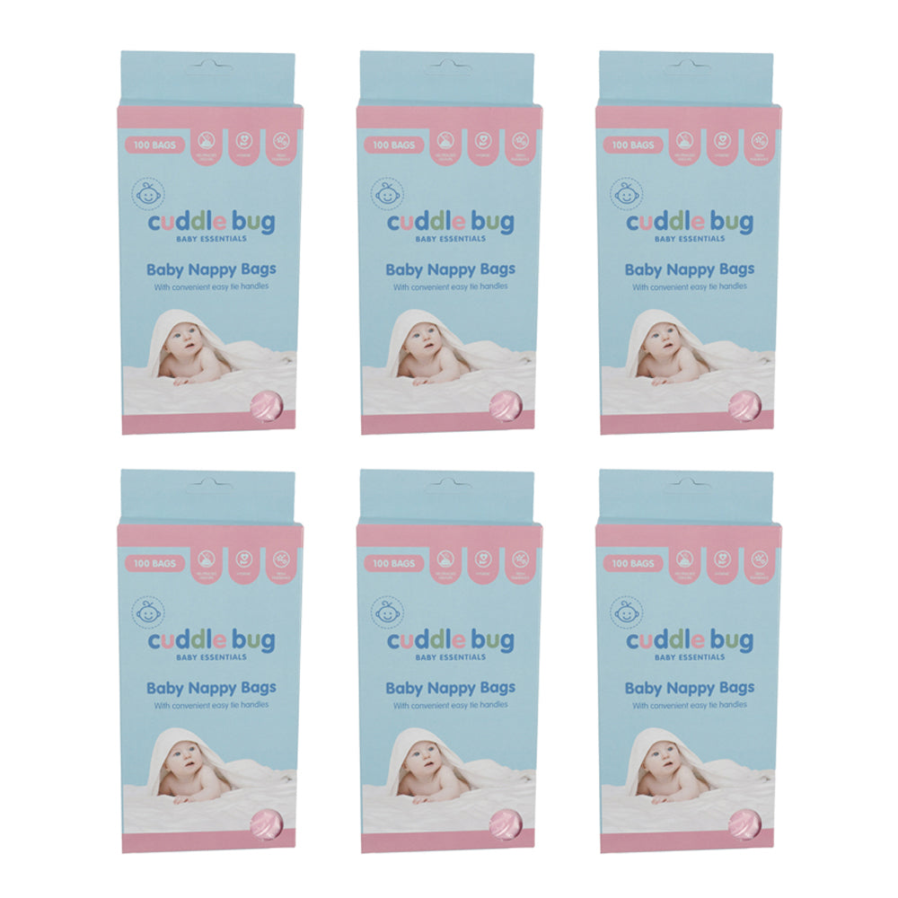 6x 100pc Cuddle Bug Disposable Portable Nappy Durable Bags w/ Easy Tie Handles