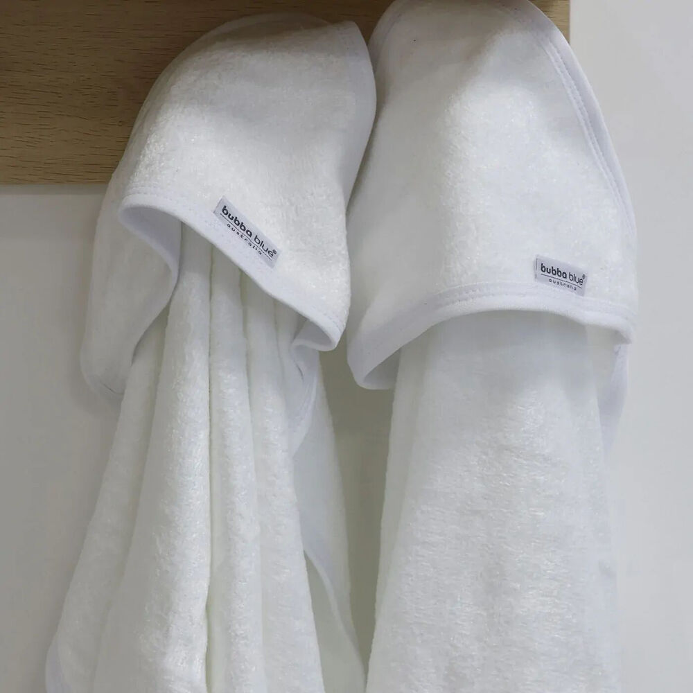 2pc Bubba Blue Bamboo Cotton Hooded Baby/Newborn Towels - White