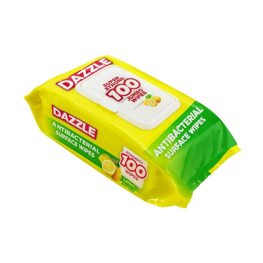 9x 100pc Dazzle Antibacterial Surface Super Strong Jumbo Cleaning Wipes Lemon