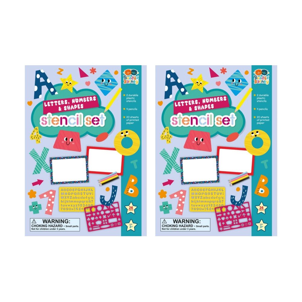 2x 7pc Buddy And Barney Stencil & Pencils Wallet Letters Shapes Numbers Book 3Y+