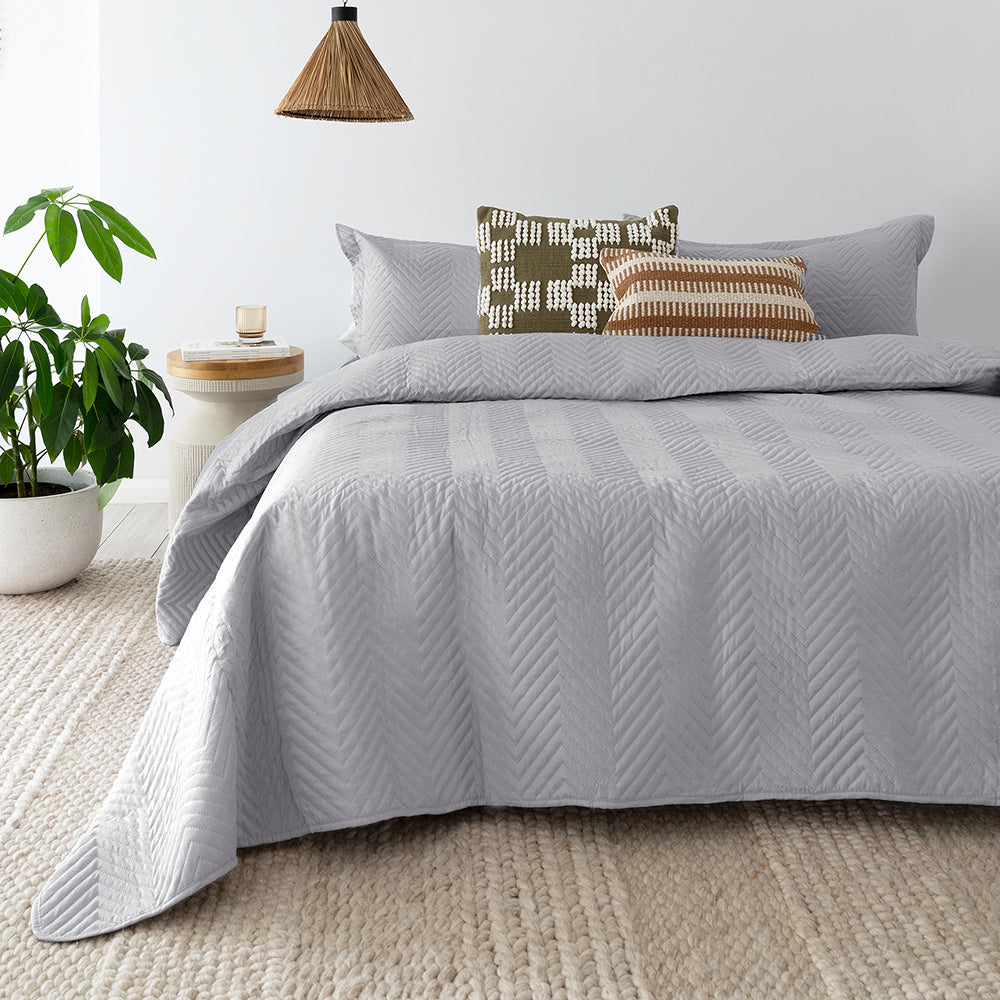 Bambury Herringbone Embossed Coverlet Set Silver Single/Double Bed