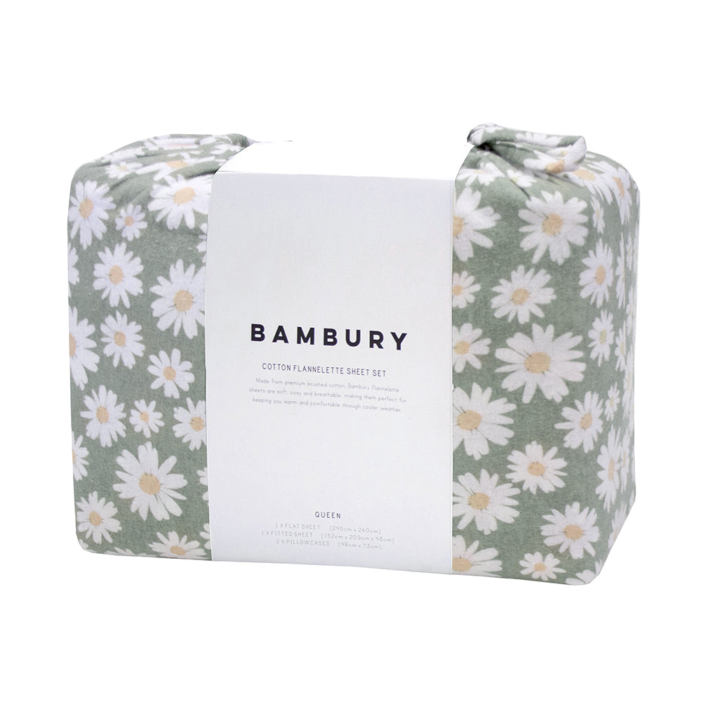 Bambury Size Single Daisy Flannelette Sheet Set Sage Home Bedding