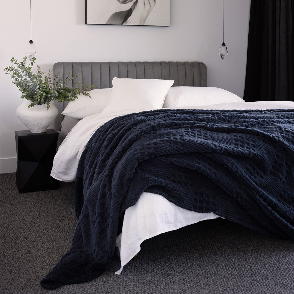 Bambury Lattice Sherpa Warm Blanket Soft Bed Throws Navy