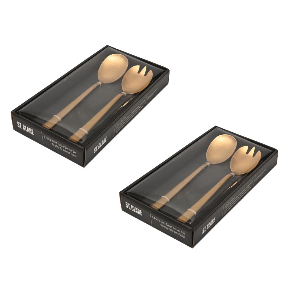2x 2pc St. Claire Nordic Salad Server Set Stainless Steel Utensils Gold