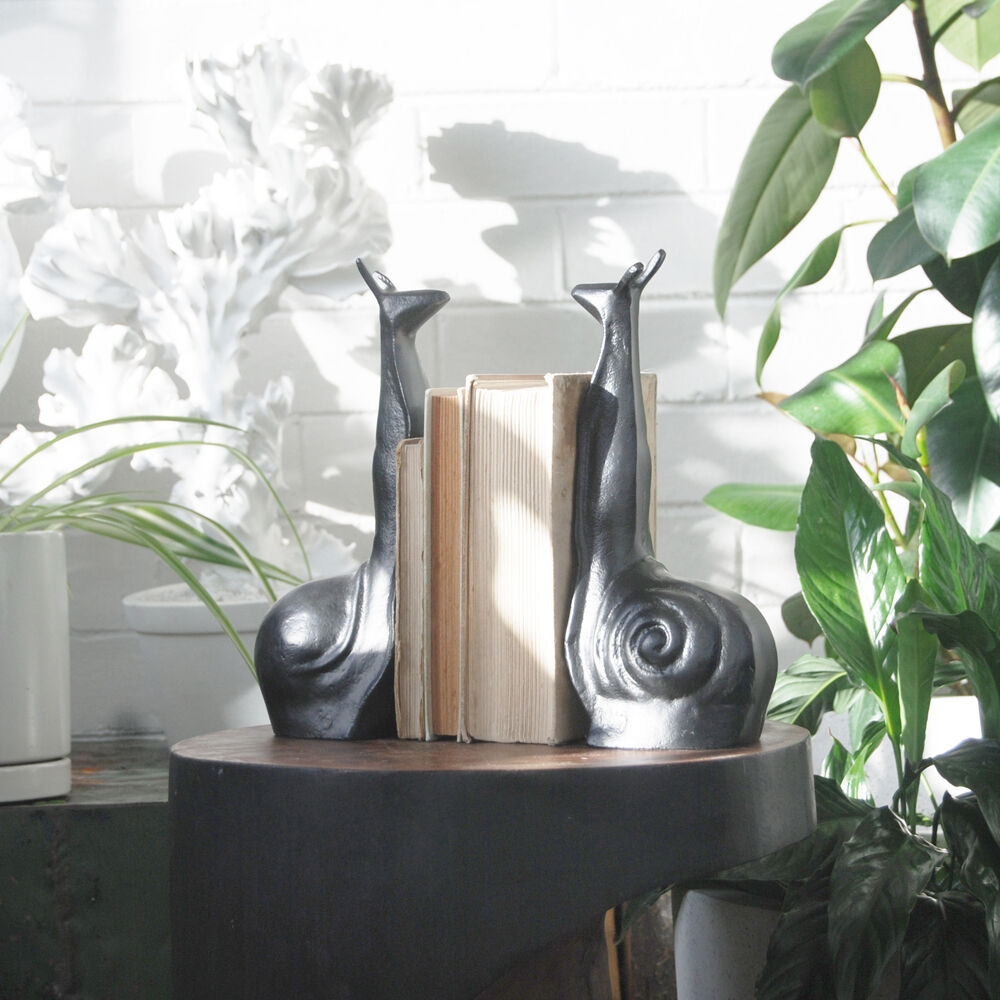 2pc White Moose Snail Home Decor Metal Sculpture Bookend 26x20x10cm Black