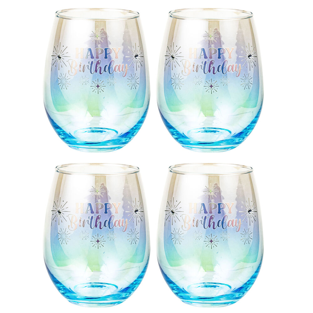 4PK LMD Happy Birthday Stemless Holographic Glass 560ml Water Tumbler