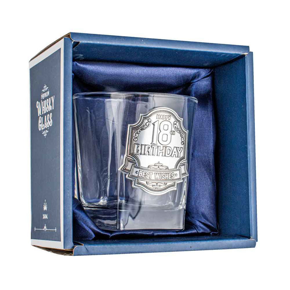 18th Badge Whisky Drinking Glass Birthday Gift Clear 260ml
