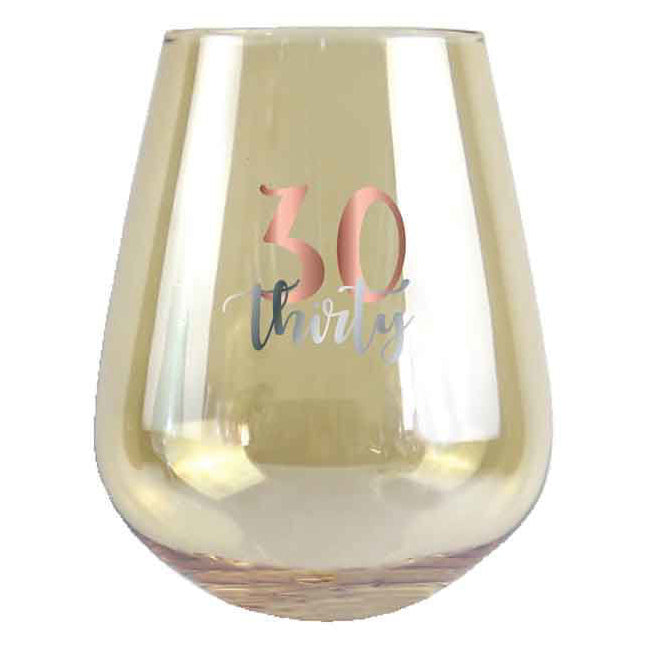 30th Birthday 13cm/600ml Stemless Wine Glass w/ Rose Gold Decal