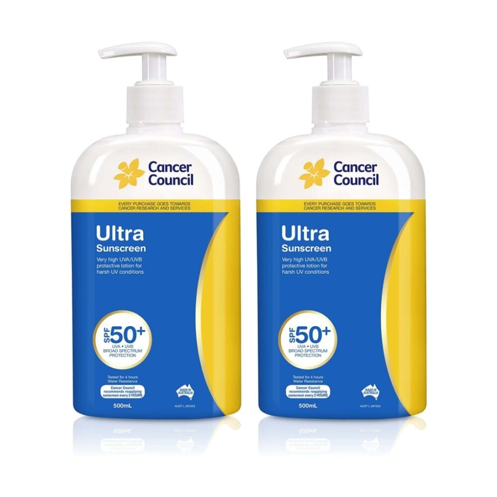 2x Cancer Council Ultra Sunscreen UV SPF50+ Water Resistant Sun Protection 500ml
