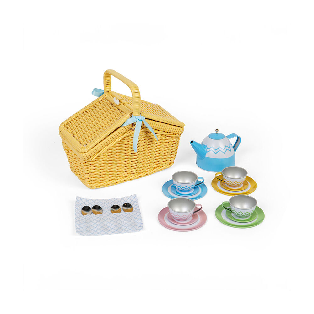 Bigjigs Toys Wood Picnic Set In Basket Kids Pretend Play Toys 23.5x20.5cm 3y+