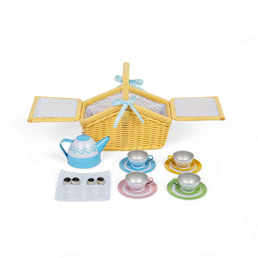 Bigjigs Toys Wood Picnic Set In Basket Kids Pretend Play Toys 23.5x20.5cm 3y+