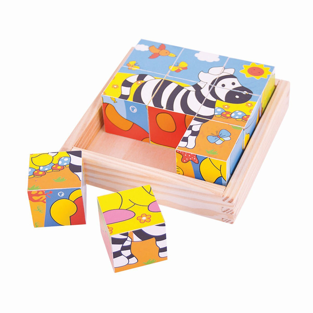 2PK Bigjigs Toys 10.5cm Safari & Animal Cube Puzzle Set 18m+