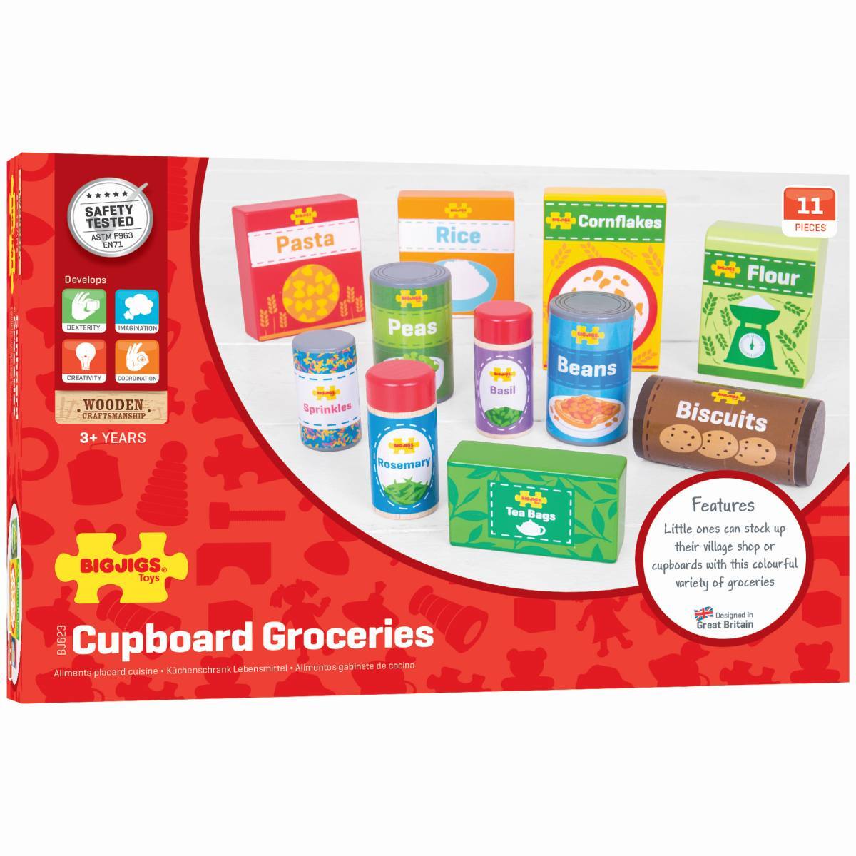 11pc Bigjigs Toys Wooden Cupboard Groceries Kids Pretend Play Toy 3y+