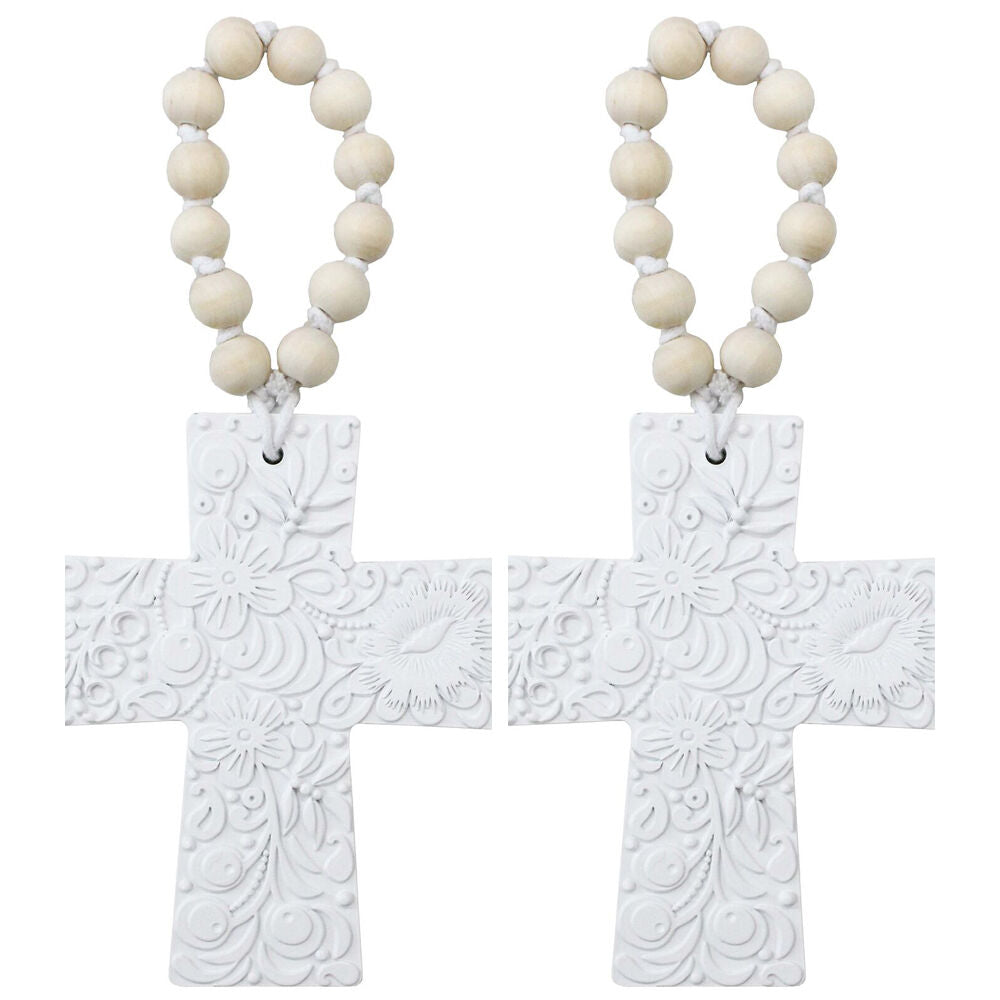 2PK LVD Resin Hanging Cross Embossed Decoration 11.5x.08x14.5cm Off-White