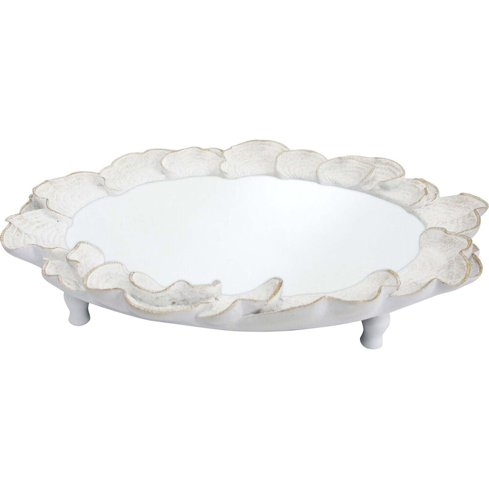 LVD Textured Resin Oval Mirrored Trinket Display Tray 37x28cm White Coral