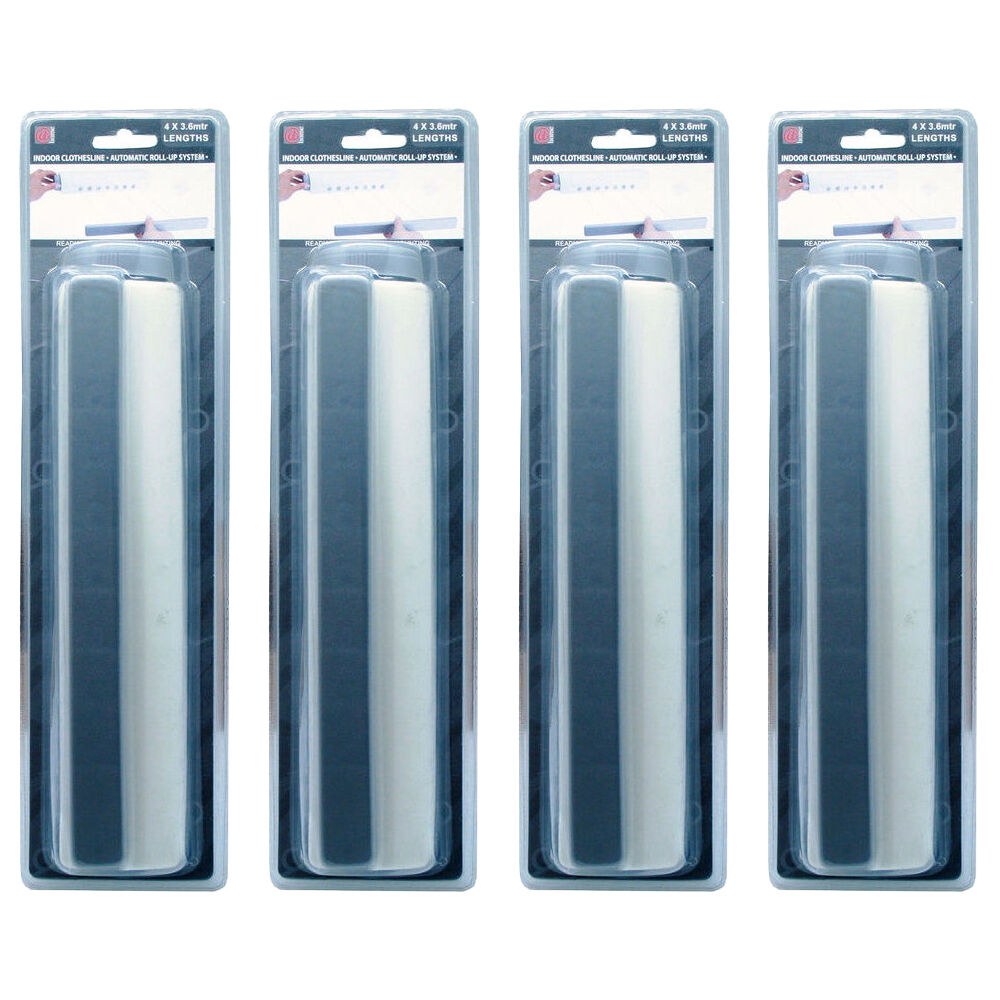 4x 4PK BMS Gifts Retractable Indoor Clothesline 3.6m w/Auto Rollup System Clear