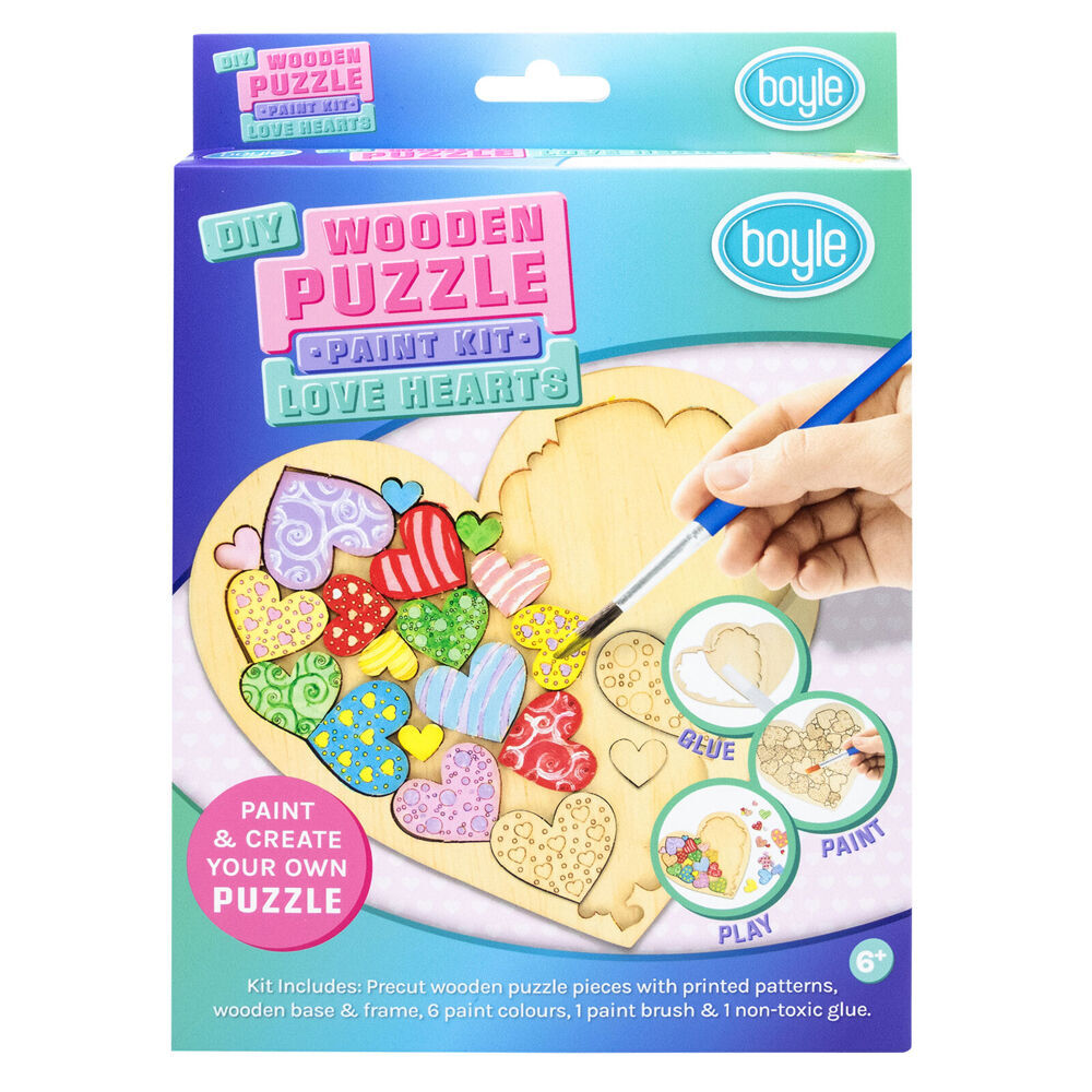 4PK Boyle DIY Wooden Puzzle Painting/Craft Kit Love Hearts w/6 Colour Paints 6y+