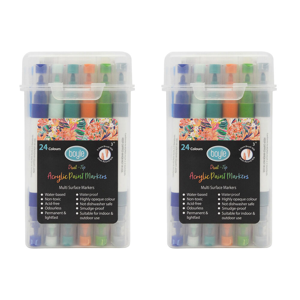 2x 24PK Boyle Dual Tip Acrylic Markers Colour Set w/Storage Case Non-Toxic 3y+
