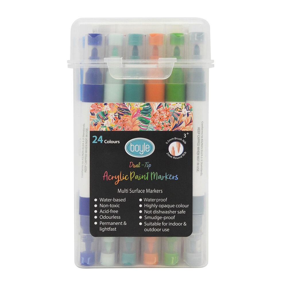 4x 24PK Boyle Dual Tip Acrylic Markers Colour Set w/Storage Case Non-Toxic 3y+