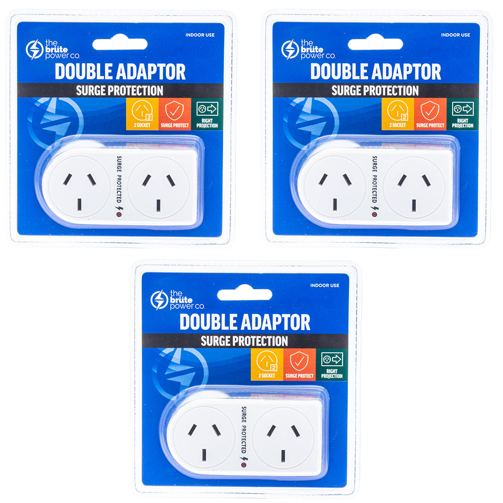 3PK The Brute Power Co Flat Right Surge Protection Double Adapter - White