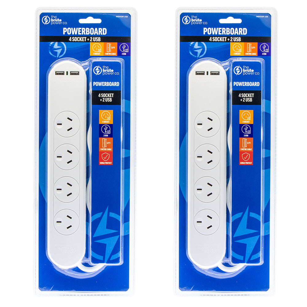 2PK The Brute Power Co 4 Socket & 2 USB Ports Power Board - White