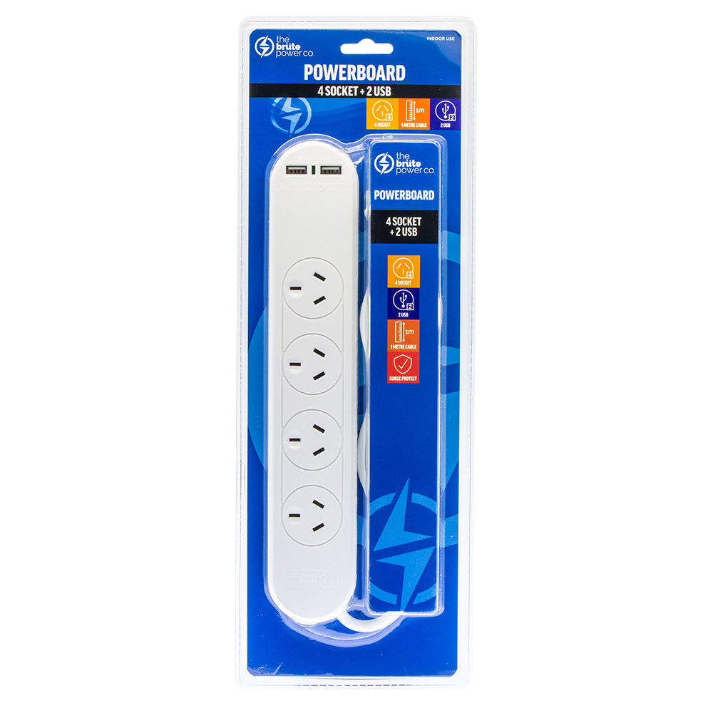 2PK The Brute Power Co 4 Socket & 2 USB Ports Power Board - White